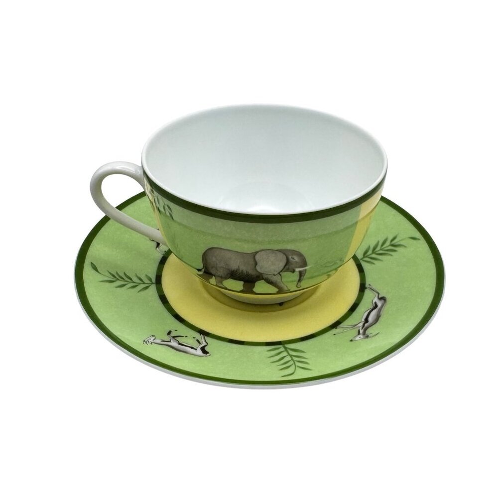 Hermes Africa Tea Cup and Saucer Green Porcelain Animal Authentic Luxury Home